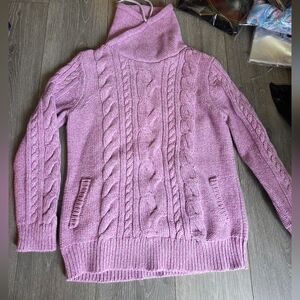 Cable Funnel Neck LL Bean Sweater Large Pink Double L